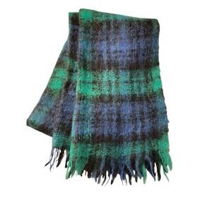 Vintage MOHAIR SCARF Cabin Cozy Prova Plaid Blue Green Wrap Shawl Scottish